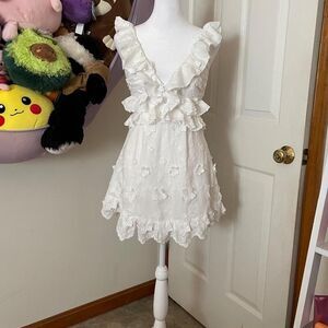 SAINTS + SECRETS WHITE 3D FLORAL RUFFLE MINI DRESS
